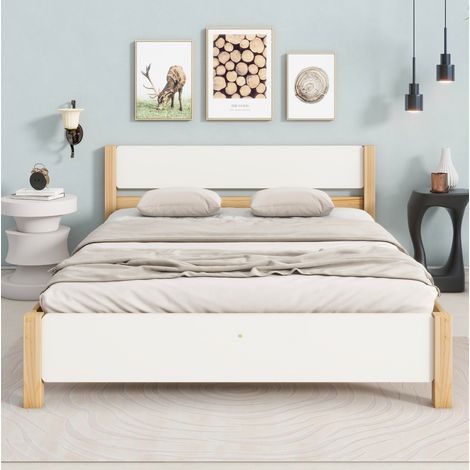 DESVIAE Lit double en bois avec tête et pied de lit lattes de sommier pieds centraux blanc et naturel 140 x 200 cm (1/5)