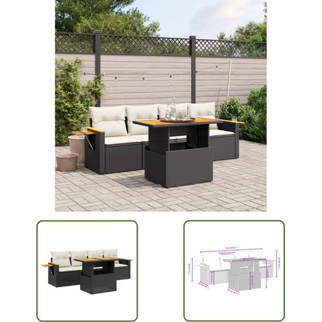 The Living Store Salon de jardin 5 pcs avec coussins noir résine tressée - Ensemble Salon De Jardin - Meuble Extérieur - Résine Tressée - Rotin Synthétique - Table Extensible (1/3)