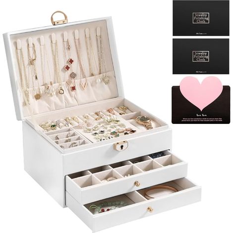 Boîte à Bijoux - 3 Niveaux - Cuir Synthétique - Verrouillable avec Clé - Rangement Bagues Colliers Montres - 23x17x13,5cm (1/5)