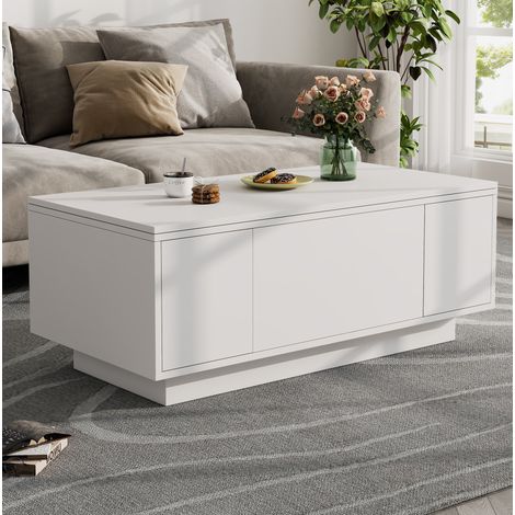 Table basse en panneaux de particules blancs 100 x 50 x 43 cm avec double plateau relevable et rangement (1/5)
