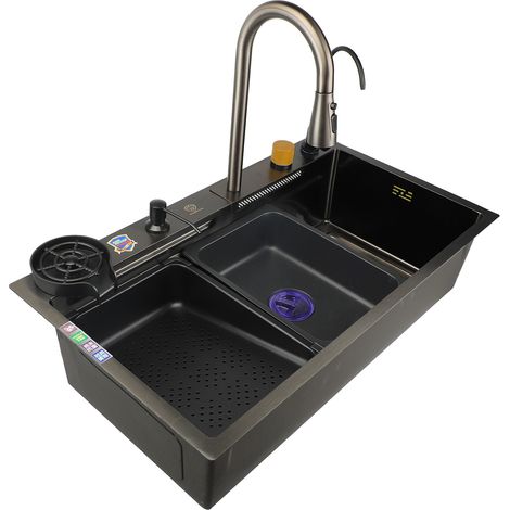 Decdeal – Évier de cuisine professionnel 2 bacs en acier inoxydable – Grande capacité – Conception encastrée pour espaces réduits – Facile à nettoyer (1/5)