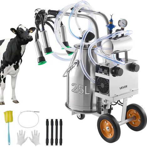 Machine à Traire Électrique pour Vaches Seau 25 L Trayeuse de Bovin Acier Inox 304 sur Roues, avec Gobelets Trayeurs Qualité Alimentaire, Tuyau en Silicone, Forte Aspiration, Pulsation à Vide (1/5)
