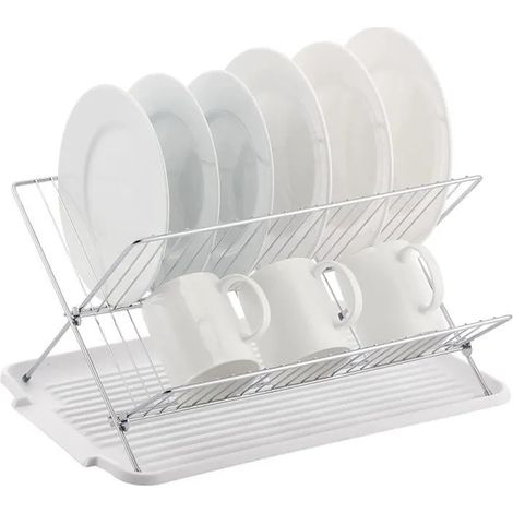 Égouttoir à Vaisselle, Supports à Couverts Pliable en Forme de X, Séchoir à Vaisselle à 2 Niveaux avec Plaque de Vidange - Blanc (1/4)