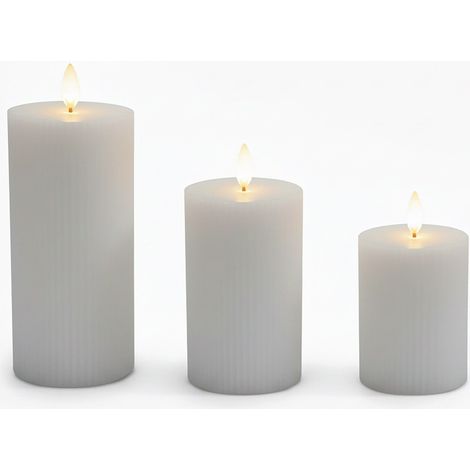 Relaxdays LED candles, set of 3 (3 sizes), flickering warm-white flame, real wax, ribbed, flameless, light grey