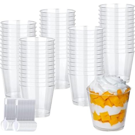 50 pièces Tasses à Dessert, avec cuillère transparente,Gobelets à dessert transparents - Réutilisables - Gobelets à dessert ronds pour la maison, les desserts, le pudding, la mousse, la crème (200 ml (1/5)
