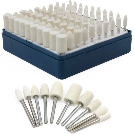Lot de 100 têtes à polir en laine - Embouts abrasifs cylindriques et sphériques pour mandrin 3mm, diamètres 4-10mm (1/5)