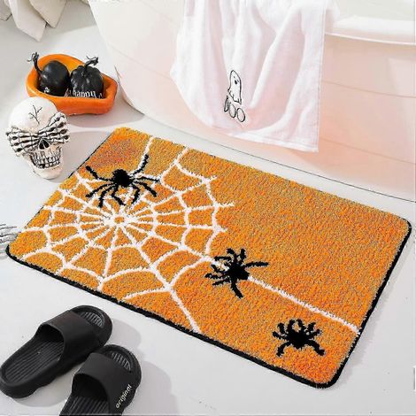 Tapis de bain Halloween en forme de toile d'araignée, orange mignon, décoration intérieure, antidérapant, tapis de douche effrayant (23 x 15 pouces) (1/5)