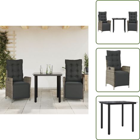 The Living Store Set da Pranzo da Giardino 3 pz con Cuscini in Polyrattan Grigio - Sedie da giardino reclinabili