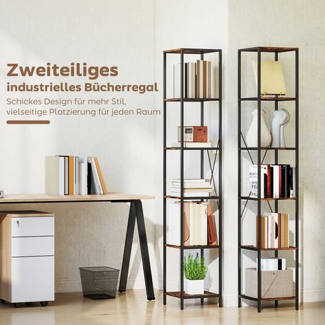 Lot de 2 bibliothèques 6 niveaux, cadre en acier, pour salon, bureau, chambre, marron rustique (1/5)