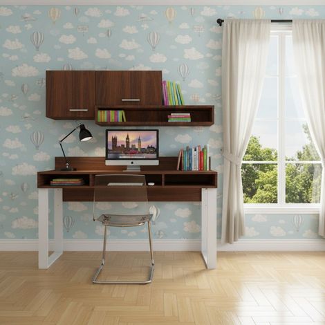 Scrivania con pensili design moderno e libreria sospesa - Angolo studio completo - Noce canaletto