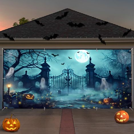 Toile de fond de garage effrayante pour Halloween (2,1 x 4,9 m) – Bannière fantôme de cimetière pour décoration extérieure (1/5)