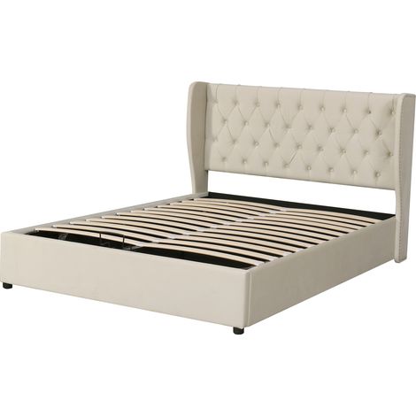 Letto Contenitore 140 x 190 cm, Matrimoniale con Testiera Imbottita e Rivetti, senza Materasso, Velluto Beige (1/5)