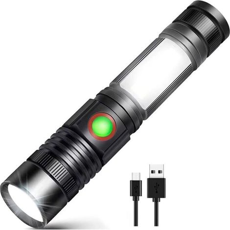 Lampe de poche LED rechargeable par USB puissante lampe COB militaire portable zoomable pour atelier de réparation automobile camping bricolage (batterie rechargeable 18650 incluse et magnéti (1/5)