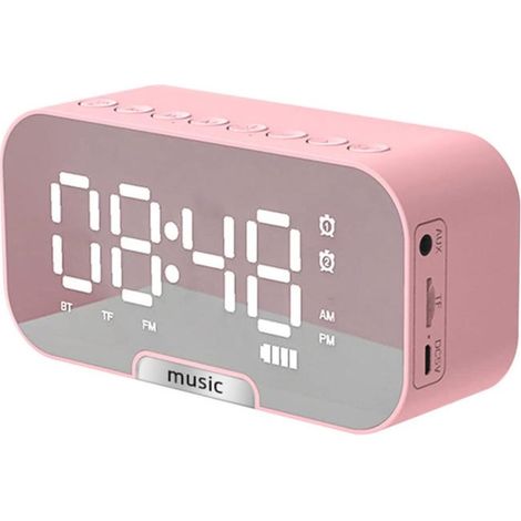 Reloj multifuncional con Bluetooth, radio FM, alarma con espejo retrovisor, indicador de temperatura y recargable (rosa). (1/5)