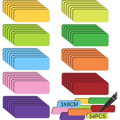 Etiquettes Magnétiques Effaçables - 54 Pièces - 80 x 30 mm - 9 Couleurs - Pour Tableaux Blancs, Réfrigérateurs et Tableaux Magnétiques (1/5)