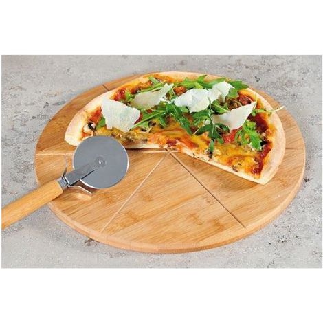 1 plateau à pizza en bambou, roulette intégrée, découpes prémarquées, 32 cm, pour repas conviviaux et partages familiaux