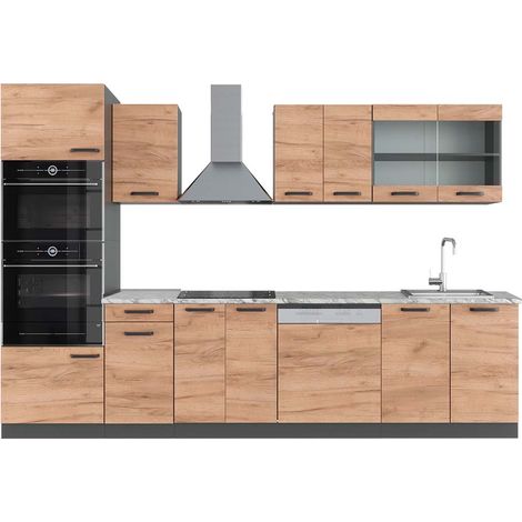 Cucina componibile R-Line, Quercia dorata/antracite, 300 cm con armadio alto, PL Marmo, Vicco