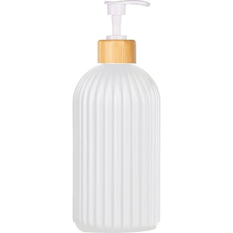 Flacon distributeur de savon noir mat pour douche, rechargeable, pour shampoing, après-shampoing et gel douche, avec étiquette en bois. (1/5)