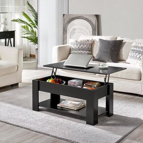 Table Basse avec Plateau Relevable en Pin - YAHEETECH - Moderne - Noir