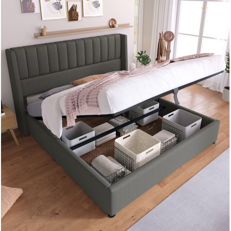 Lit coffre 180x200 cm avec tête de lit en lin gris, sans matelas (1/5)