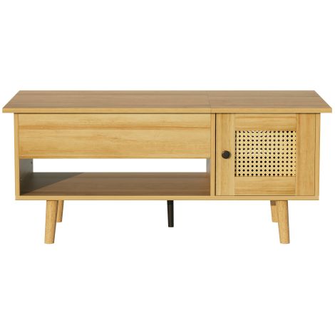 Table basse relevable bois et noir, portes rotin, rangement (1/5)