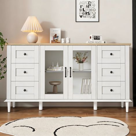 Buffet 150 cm Blanc + Bois – 2 Portes Acrylique, 6 Tiroirs Push-to-Open, LED, Salon/Salle à Manger