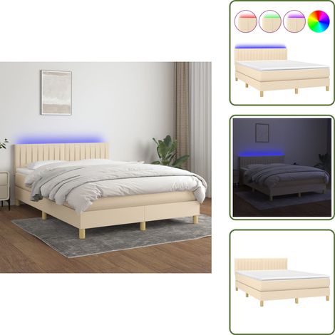 Cama con cabecero ajustable - vidaXL Cama box spring colchón y luces LED tela crema 140x190 cm - Cama con tira LED
