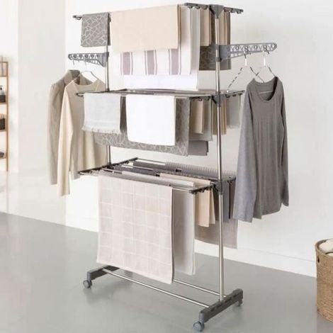 FIL A LINGE - TANCARVILLE - ETENDOIR - SAC DE SECHAGE Séchoir à linge inox gris étendoir pliable (1/4)