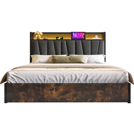 Letto Contenitore Letto Matrimoniale, USB, Prese e LED 160 x 200 cm, con Materasso, Lino, Grigio (1/5)
