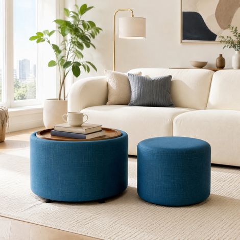 REDOM Lot de 2 poufs gigognes ronds avec rangement, revêtement lin bleu, plateau en bois, 58 cm (1/5)