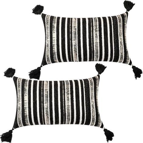 Set of 2 black 30x50 cm striped jacquard cushion covers with tassels, a stylish decorative accent.