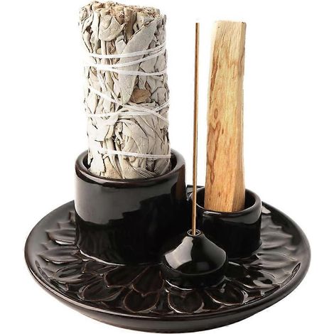 Porte-bougie 4 en 1 - Porte-encens et porte-bougie en céramique avec plateau récupérateur de cendres, idéal pour la méditation (noir et marron). (1/5)