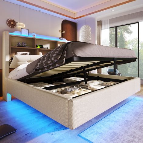 Letto Contenitore 140x200 cm, Spazio Idraulico, LED Controllabile, USB Type-C, Lino Beige, per Camera(Senza Materasso) (1/5)