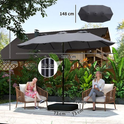 Parapluie double à 12 baleines, manivelle, pied en croix et sac de rangement, en métal et polyester, 3 x 1,5 m, gris foncé (1/5)
