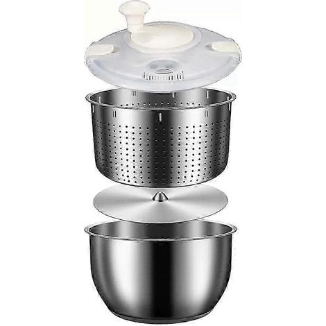 Lot de 2 essoreuses à salade en acier inoxydable 6L - Lave-légumes et sèche-fruits avec couvercle en PP, grande capacité (1/5)