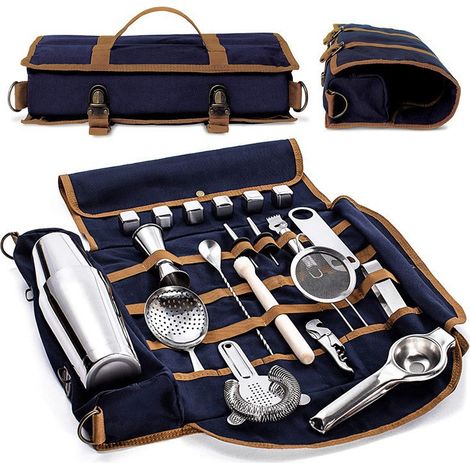 Trousse de Bar pour Barmans - Sac de Rangement en Toile de Coton Bleu - Étui Portable pour Accessoires à Cocktails - Vide (Sans Outils)