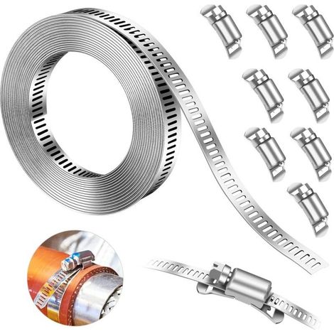 Collier de Serrage Collier à Vis Sans Fin en Acier, Clip de Tuyau Réglable, 304 en Acier Inoxydable Colliers de Serrage, pour Collier de Serrage Réglable Bricolage (8 Pièces, 11,5 Feet) (1/5)