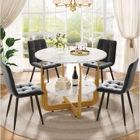 Mesa comedor redonda con 4 sillas efecto mármol dorado OKMYHOME (1/5)