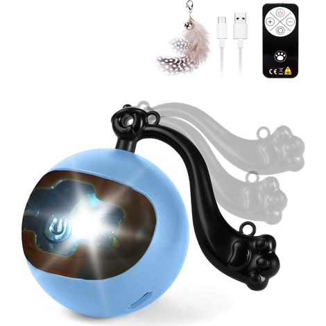Jouet Interactif pour Chats, Balle Interactive Intelligent pour Chats - avec 2 Queue Plumes - Télécommande - USB Charg, Mouvement Automatique, Activée par Le Mouvement, Gazouillis(Bleu) (1/5)