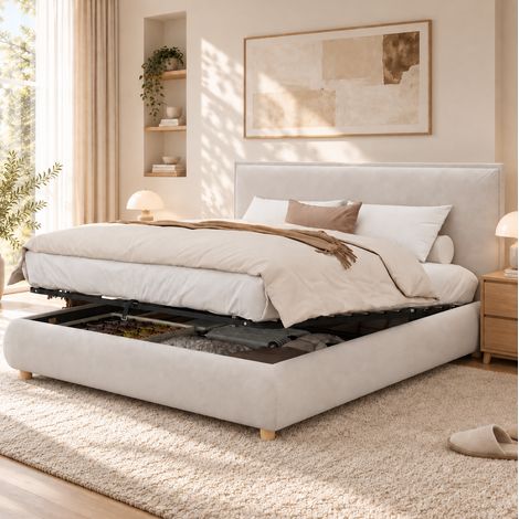 MODFU – Cama con arcón hidráulico 160x200 cm de terciopelo con somier de láminas, cabecero acolchado, patas de madera maciza y carga 220 kg – Crema (1/5)