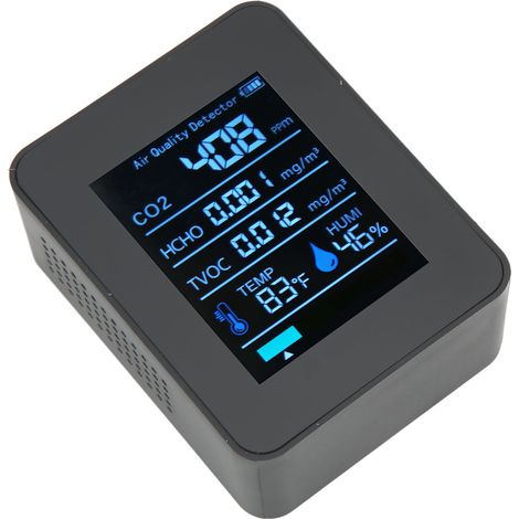 Détecteur de qualité de l'air 5 en 1 : mesure en temps réel du CO2, des COVT, du HCHO, de la température et de l'humidité. Moniteur portable de dioxyde de carbone (noir). (1/5)