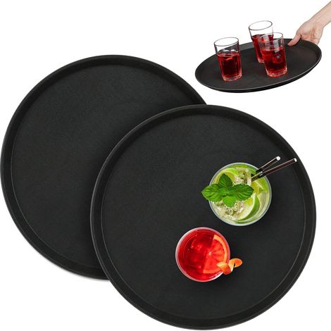 Juego de 2 bandejas redondas para servir, 40 cm de diámetro, superficie antideslizante, para restaurante, color negro. (1/5)