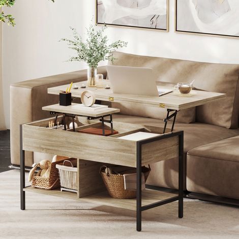 Table Basse Relevable et Extensible, Table de Salon avec Compartiment Caché Étagères Ouvertes (1/5)