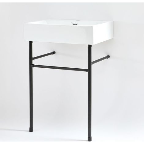 Hudson Reed – Lavabo sur colonne 60 cm x 42 cm – Céramique résistante – Pieds en acier inoxydable – Finition blanche émaillée avec trop-plein (1/5)
