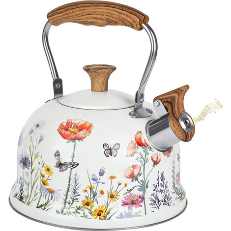 Bouilloire à sifflet de 2,52 L pour cuisinière à gaz avec poignée en bois à motif anti-chaleur - Bouilloire de qualité alimentaire en acier inoxydable pour cuisinière - Bouilloire à thé à sifflet pour (1/5)