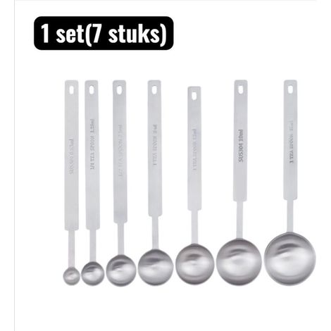 Set of 7 stainless steel measuring cups and spoons graduated in milliliters for coffee, tea, and baking, silver (1/4)