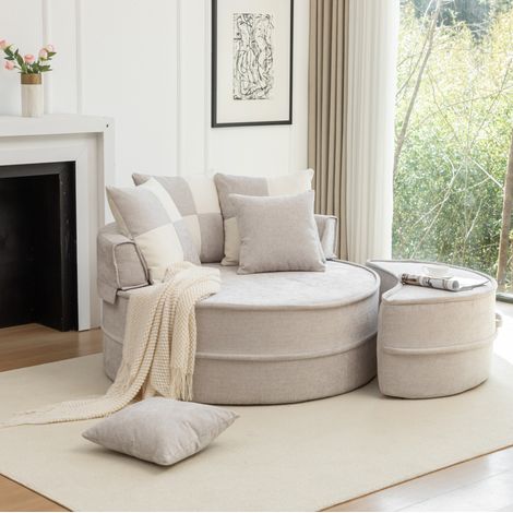Runder grauer Chenille-Sessel mit 5 Kissen und Fußhocker OKWISH (1/5)