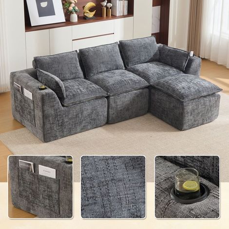 Canapé modulable 3 places - SOGEU - W3056S00072 - Chenille - Gris foncé - Porte-gobelet et poches latérales (1/5)