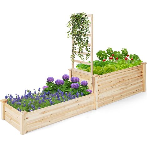 Fioriera rialzata con graticcio fondo aperto, Cassetta di legno a due livelli per verdure fiori erbe frutta Naturale (1/4)