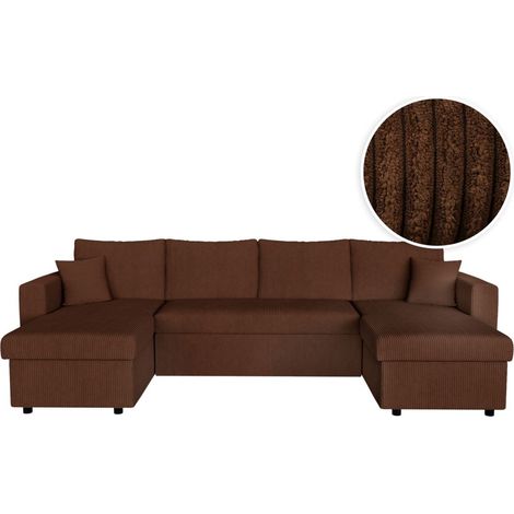 Loungitude – Canapé d'angle panoramique convertible 6 places – 2 coffres de rangement – Velours côtelé marron – Système de couchage tiroir lit (1/5)